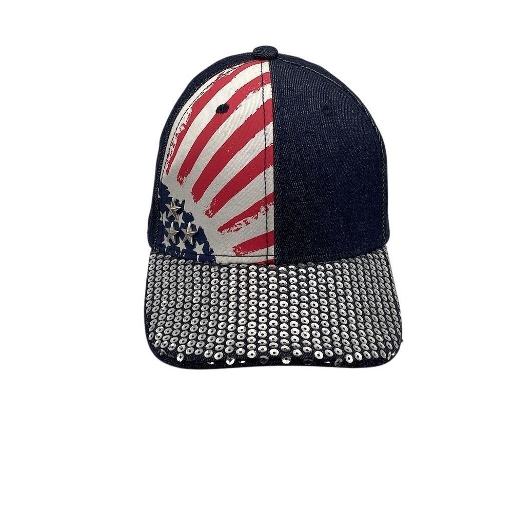 Patriotic Rhinestone USA Flag Denim‎ Baseball Cap Unisex Adjustable